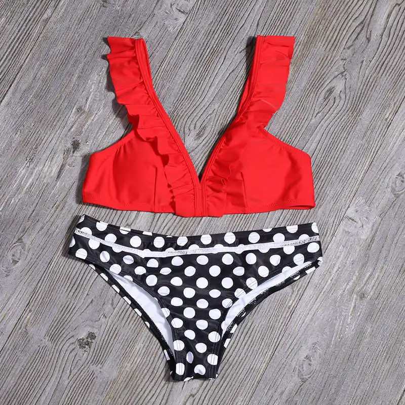 2022 Women Two-Piece Swimsuits Ruffles Print Bikini Sets Padded Wireless Separates Green Swimwear Sexy Cute Beachwear XZ-1323