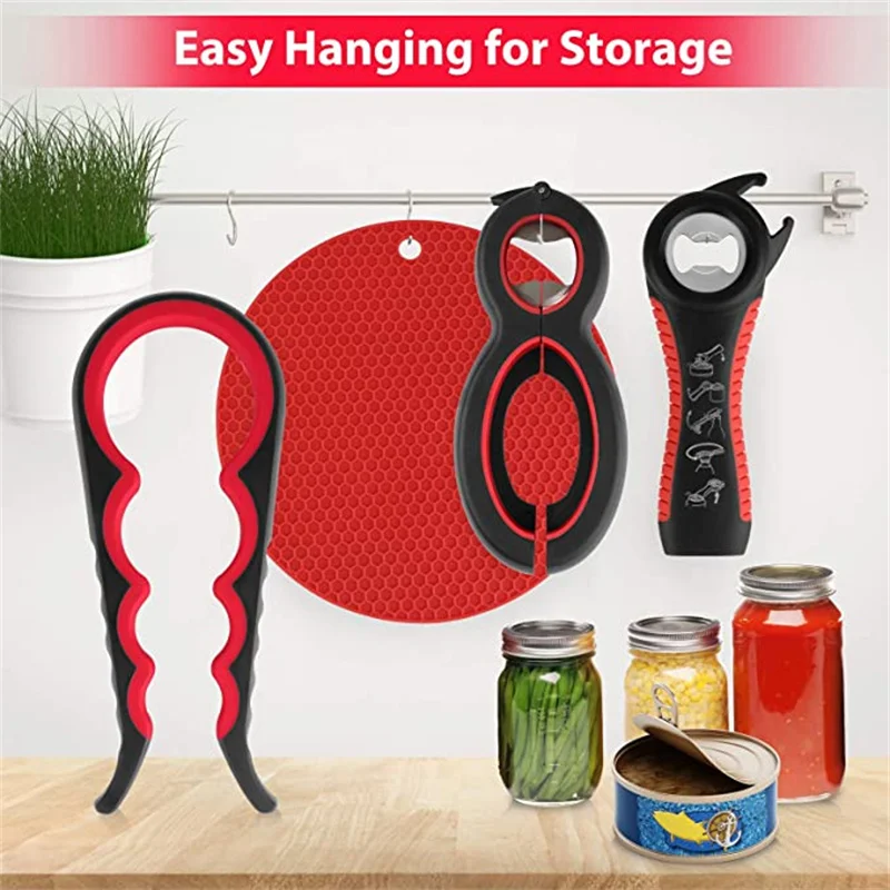 Jar Opener for Multifunctional  6-in-1 Bottle Opener Jar Lids Opener, 4-in-1 Jar Opener and Non Slip Lids Opener Gripper