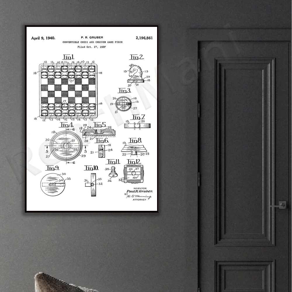 Chess and checkers patent printing, chess lovers, chess gifts, home office posters, retro wall decorations