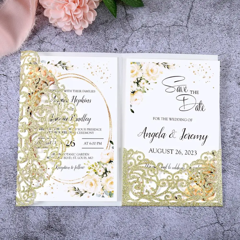 

50pcs Gold Glitter Laser Cut Hollow Rose Wedding Invitations Cards with Glitter Pockets and Envelopes for Wedding Party