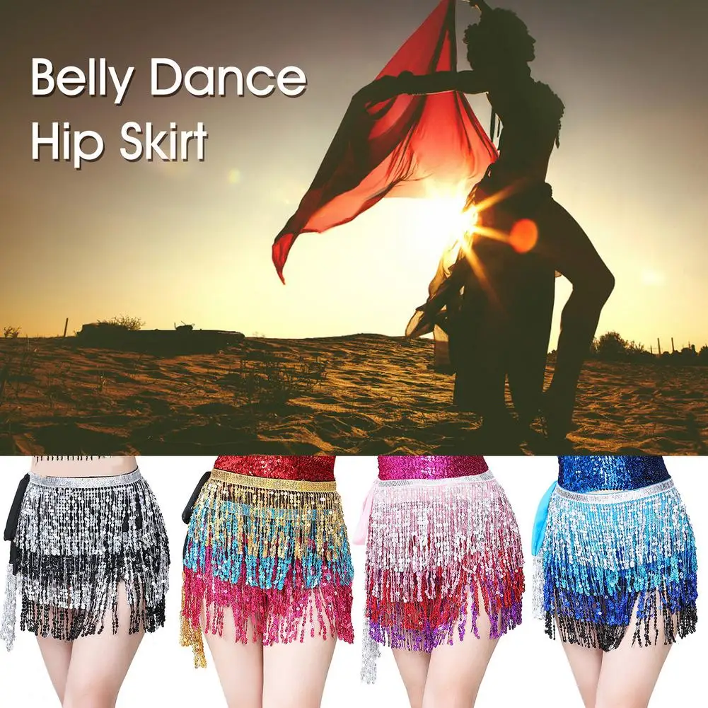 Belly Dance Hip Skirt Tassel Scarf Sequin Wrap Rave Costume