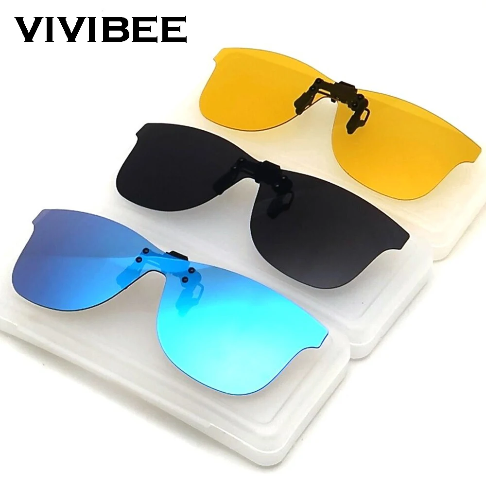 VIVIBEE Square Mirror Men's Clip on Polarized Night Driving Glasses Yellow UV400 Women Sunglasses Fishing Clips