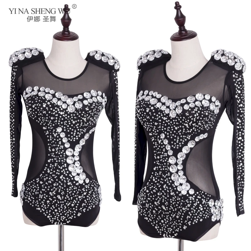 Luxury Pearls Rhinestones Long Sleeve Jazz Dance Costume Jumpsuit Women Sexy Performance Stage Jazz Dance Dress Competition Wear