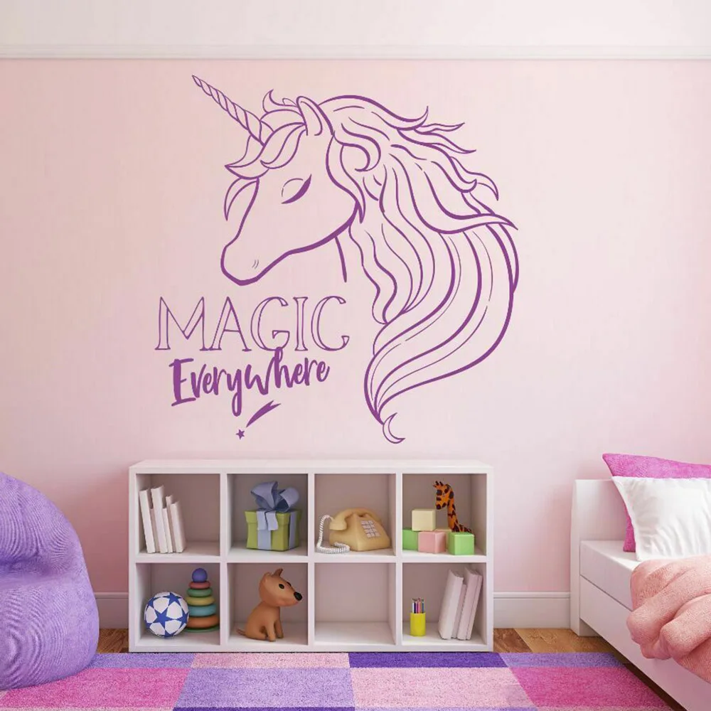 Unicorn Wall Stickers Magic Everywhere Pharase Girl Room Decor Vinyl Nursery Interior Wall Decals Home Decoration Classroom Y861