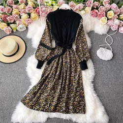 Autumn Women Dress Vintage Corduroy Patchwork Knitted Floral Print Dress Casual Half High Collar Midi Dress A-line Vestidos