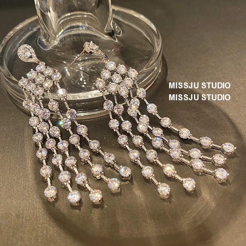 

S925 Серебряные серьги-капли для женщин, супер вспышка, длинные кисточки, белый кубический циркон, ювелирные аксессуары