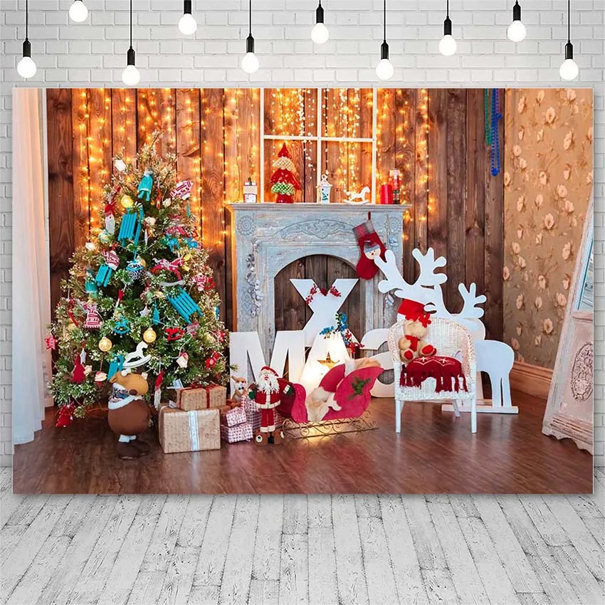 

Avezano Backdrops Merry Christmas Tree Gifts Fireplace Elk Board Decor Photography Background Photo Studio Photozone Photocall