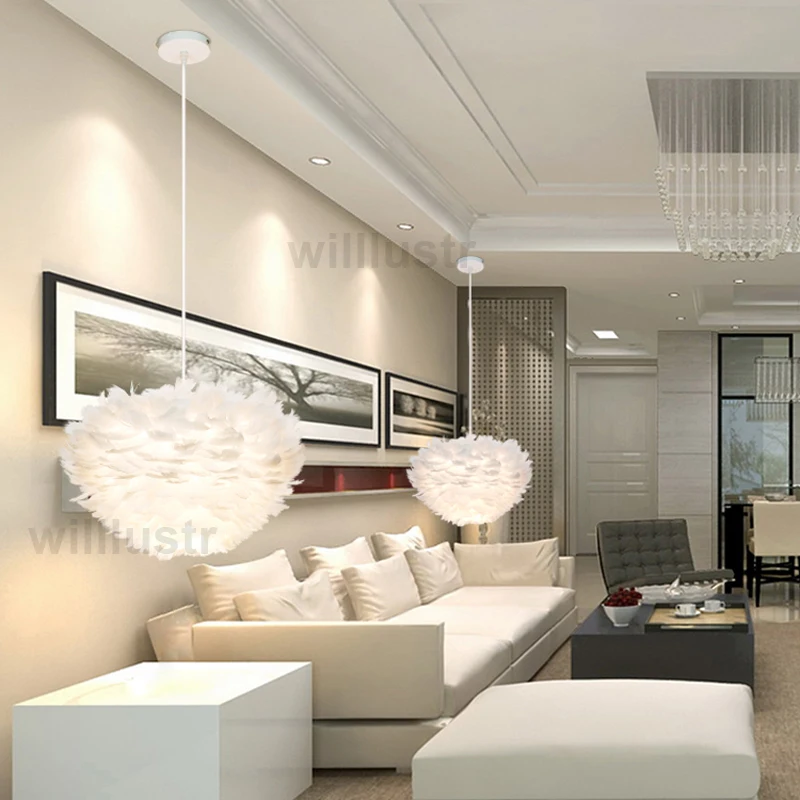 Modern Feather Chandelier Pendant Lamp Handmade Suspension Lighting White Pink Gray Nordic Art for Hotel Bedroom Restaurant
