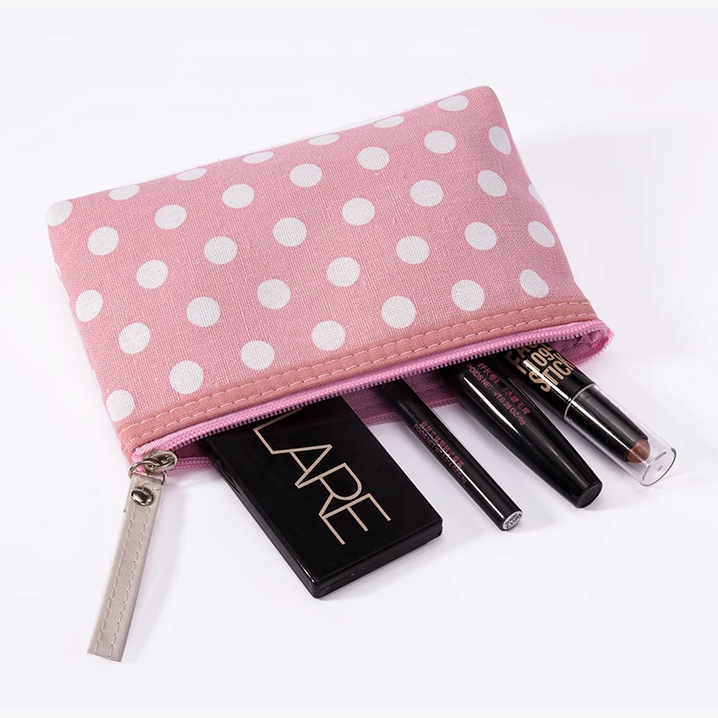 Portable Small Dot Zipper Cosmetic Bag Canvas Girl Travel Make Up Purse Organizer Phone Pouch