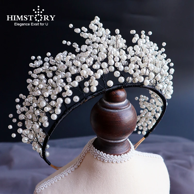 

HIMSTORY Elegance Handmade Full Pearls Headband Bridal Black Color Vine Hair Jewelry Gold Wedding Headwear Accessories