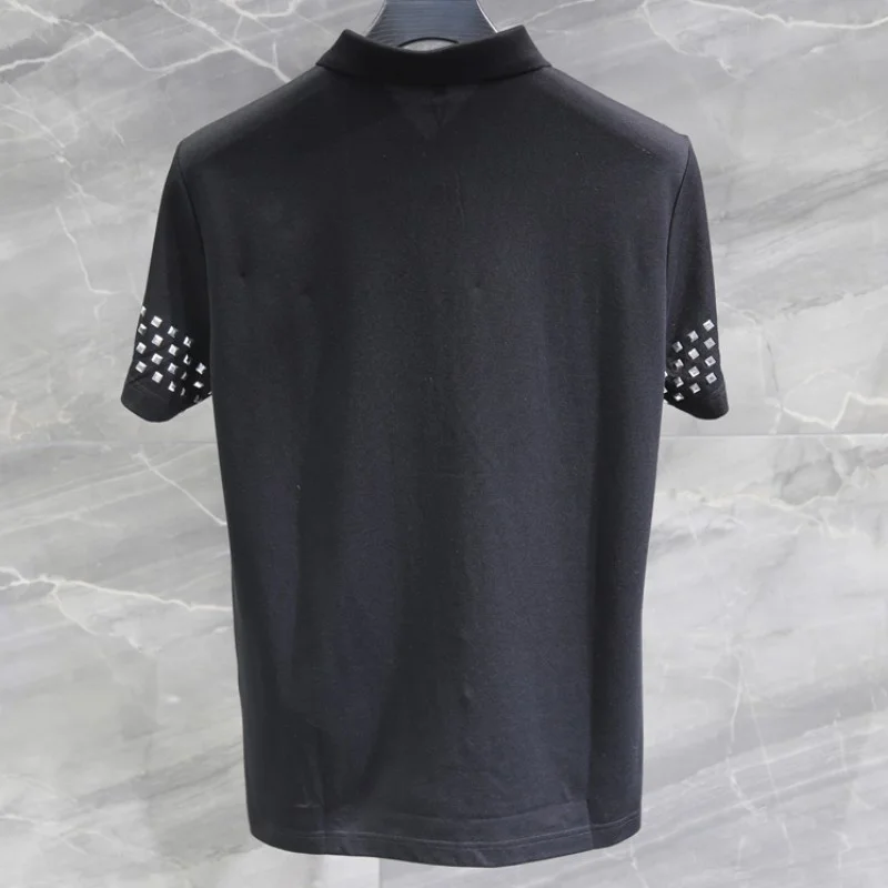 

Mens Gothic T-Shirt Fashion Rivets Short Sleeve Turn-Down Collar Solid Color Slim Fit Pullover Tees Casual T-Shirts Black Tops