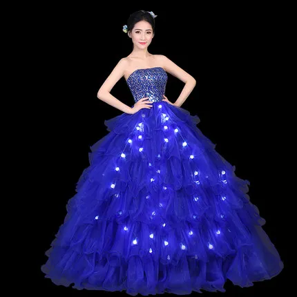 Blue Pink light up long wedding party dress New year Evening host Stage DJ show LED Tron Dance Wear dresses elegant skirts