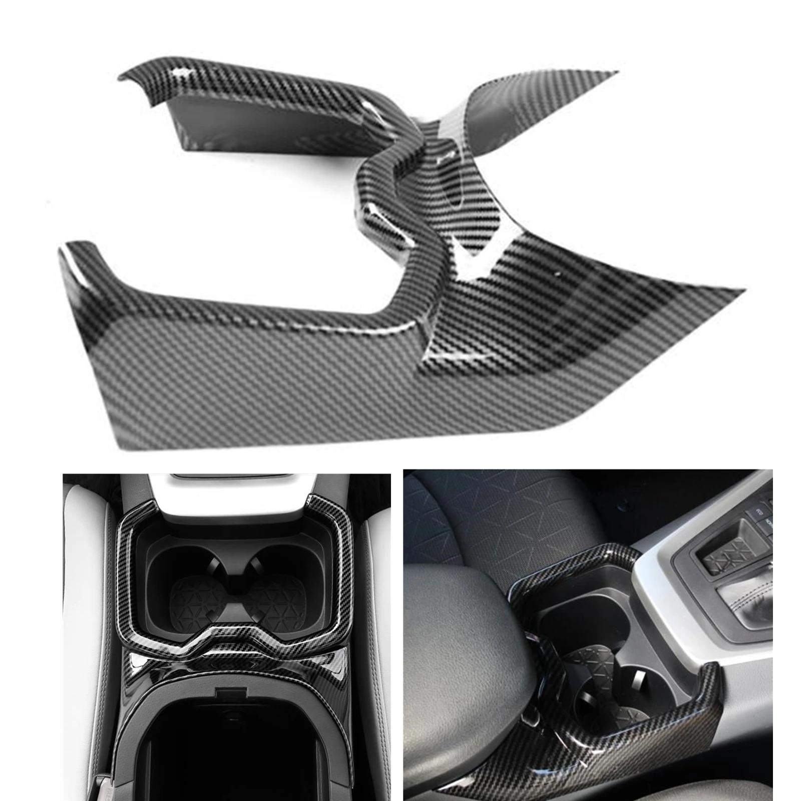 

Carbon Fiber Look Interior Front Gear Shift Panel Drinks Water Cup Holder Frame Cover Trim For Toyota RAV4 RAV-4 2019-2023