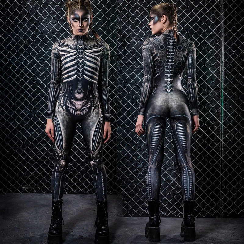 Skeleton Jumpsuit เครื่องแต่งกายฮาโลวีน Slim Humen Body Zentai Skull ชุดคอสเพลย์ Ghost แน่นชุด Carnival Party 2021ใหม่