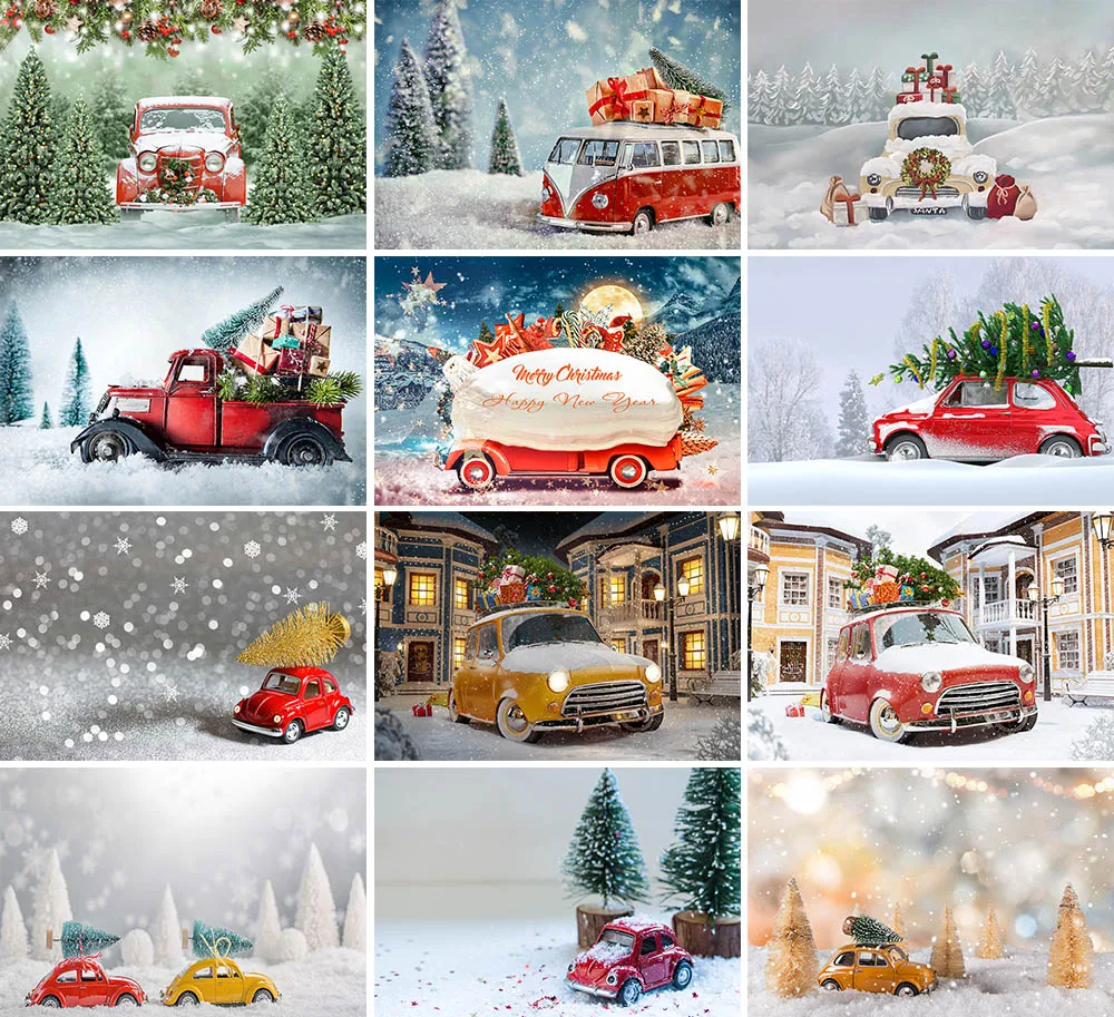 Merry Christmas Tree Backdrop Red Car Gift Bell Bokeh Snowflake Kid Portrait Photography Background Photo Studio Photocall Decor