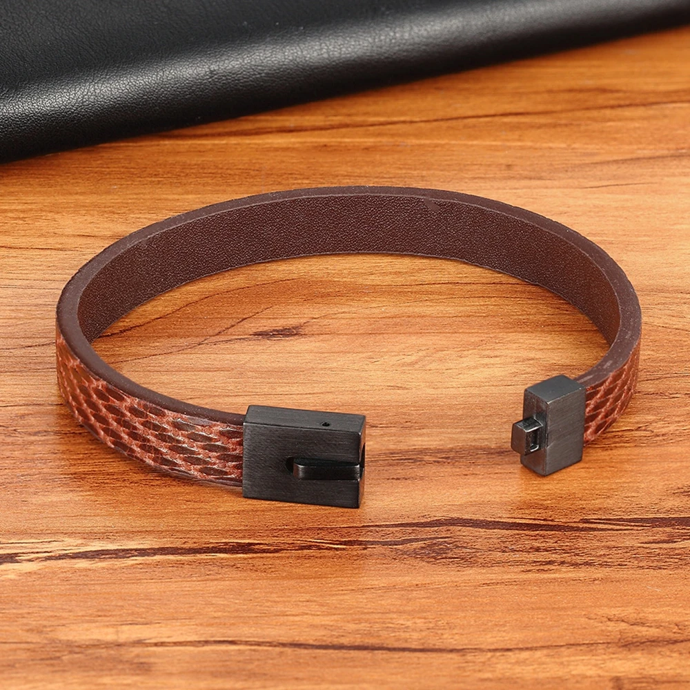 XQNI Classic Simple Style Leather Texture Stainless Steel Push Button Men\'s Leather Bracelet Handsome Boy Special Gift Discount