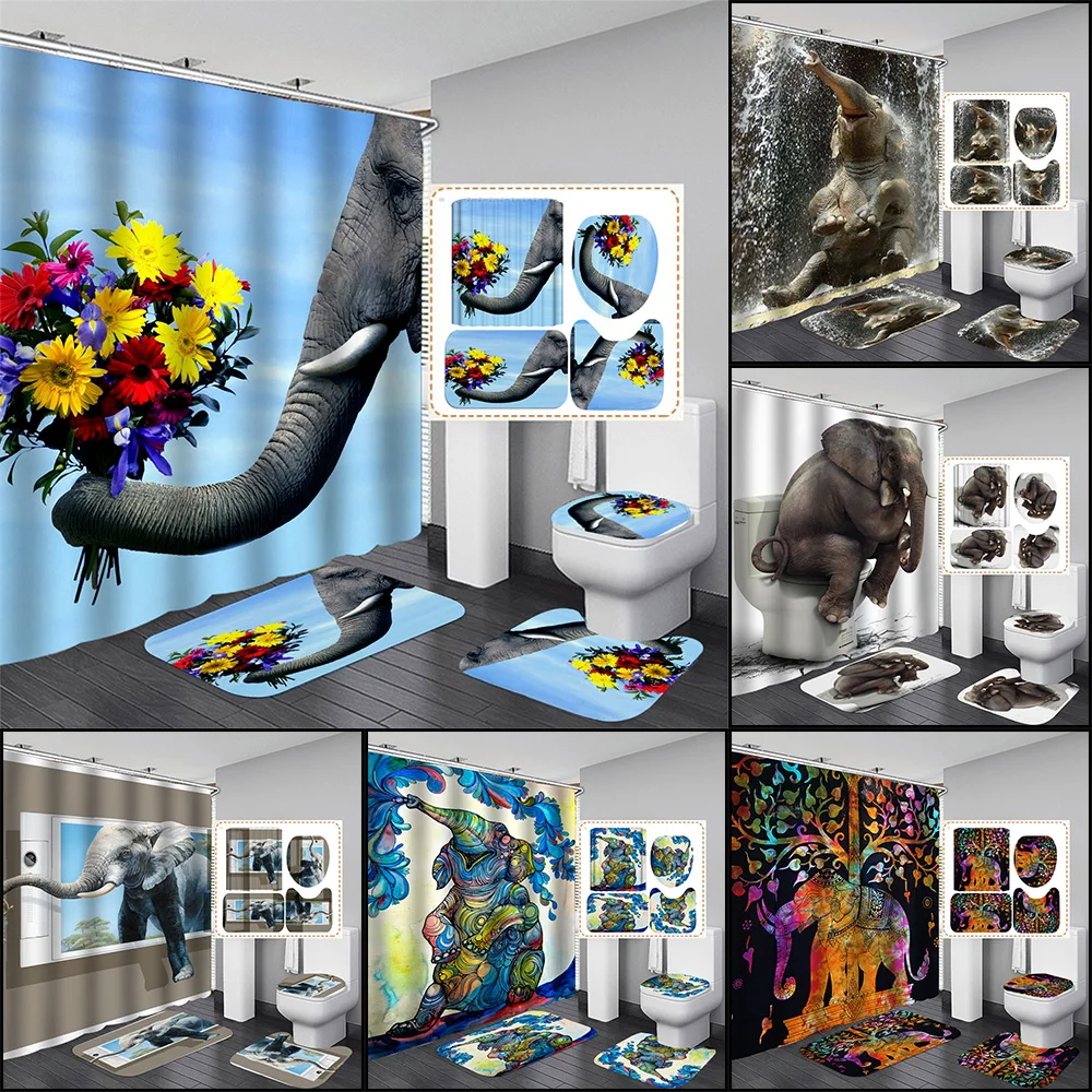 Elephant 3D Printing Bohemian Shower Curtain Waterproof Bathroom Curtain Set with Hooks for Home Decoration Cortinas De Baño