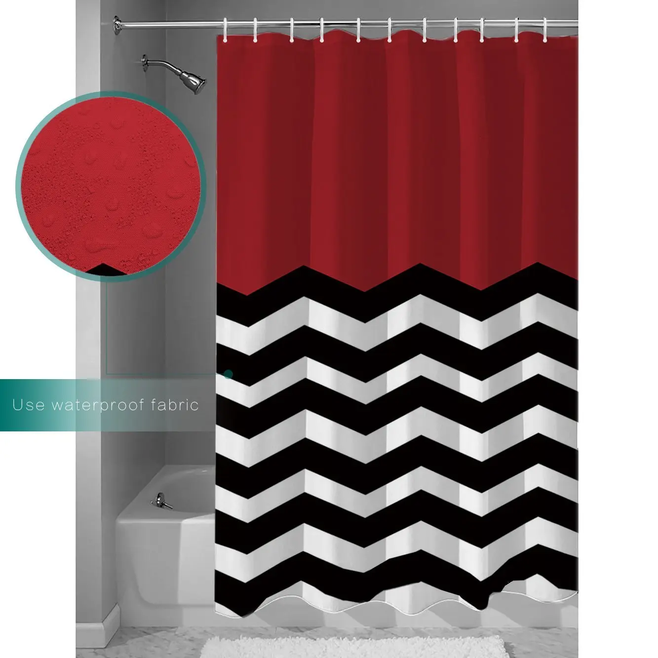 Chevron Waterproof Polyester Fabric Shower Curtain red White black Striped Mold Resistant Shower Curtains image 2