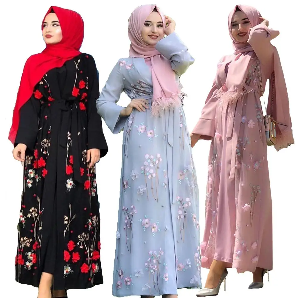 

Dubai Women Open Cardigan Flower Embroidery Maxi Dress Abaya Kaftan Kimono Robe Robe Gown Arab 2024 Autumn Islamic Clothing