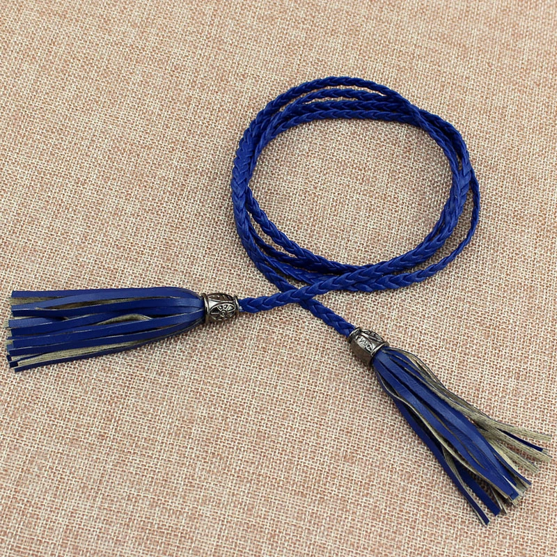 Hand-Knitted Long leather Designer Braid Tassel Belts 130cm Women Thin Waist Rope Belts for Dress PU String Cummerbunds