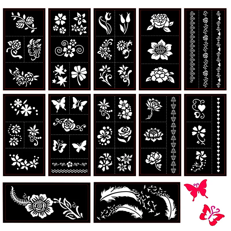Kit de plantillas de tatuaje de Henna, 12 hojas, diseños autoadhesivos de mariposa/pluma/flor para pintura corporal, plantillas temporales