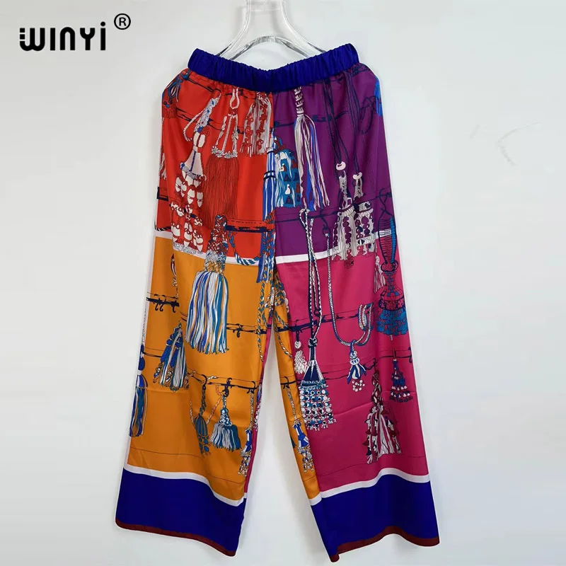 WINYI Nữ Thun Cao Cấp Quần Rời In Ống Rộng Đi Biển Mỏng Quần Bohemian Nữ Quần Dài