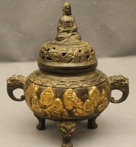 

wholesale factory 7" Marked Chinese Bronze Gild Buddha Eighteen Arhat Incense Burner Censer Statue AE1024 AB1025