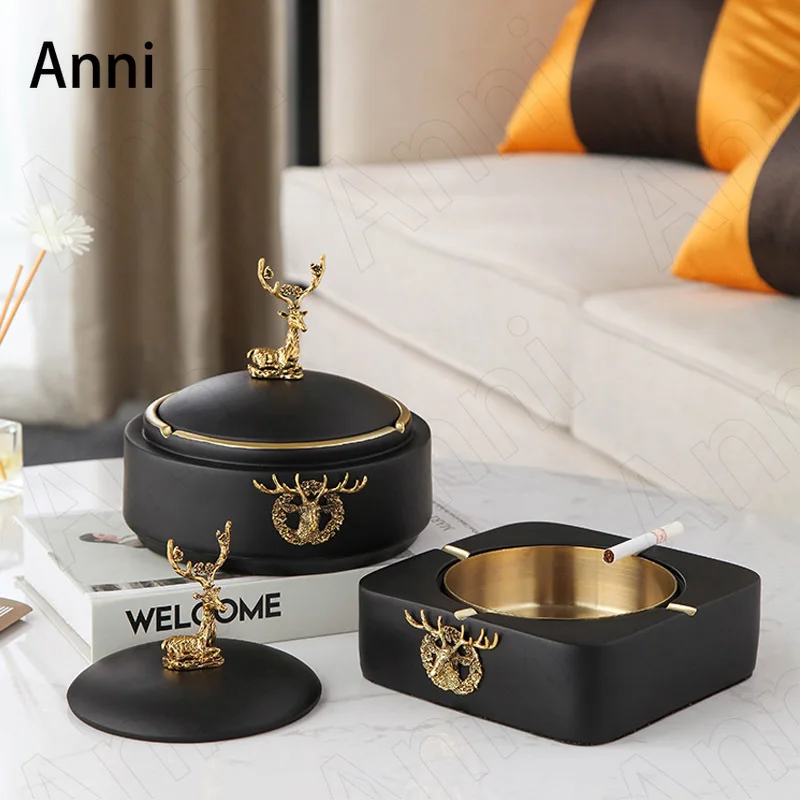 

Gilded Deer Decorative Ceramic Ashtray Nordic Modern Creativity Animal Decoration Ash Tray with Lid Home Living Room Decoration