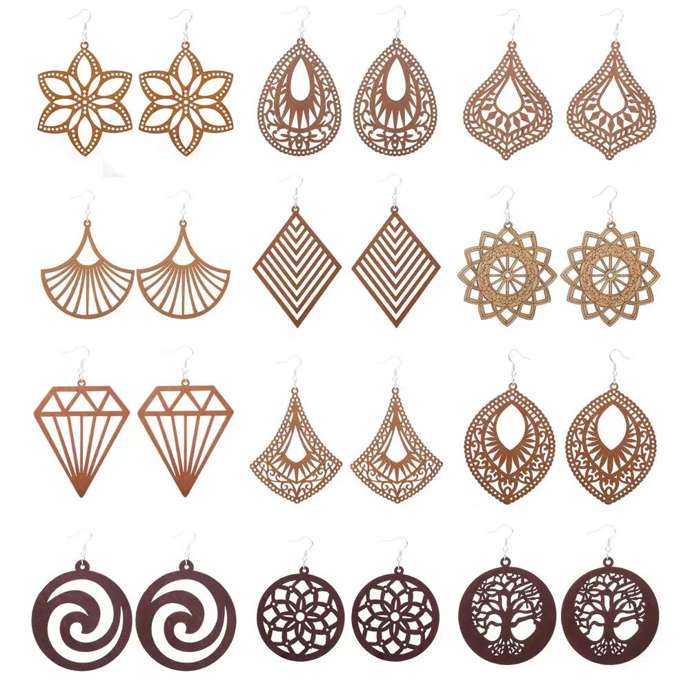 VOIKUKKA Jewelry Laser Cutting Irregular Hollow Out Pendant Wooden Drop Dangle Women African Earrings For Gifts Accessories