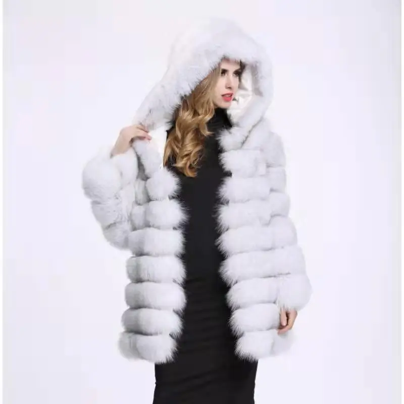 Giacca con cappuccio staccabile da donna, tasca in pelliccia di vera volpe, gilet lungo, alla moda, spessa, calda, staccabile, deformazione