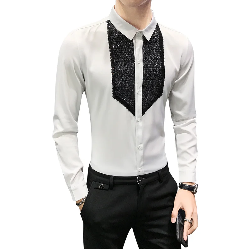 Sequins Tuxedo Shirts Men Long Sleeve Camisa Masculina 2020 Black White Casual Slim Fit Men Dress Shirts Streetwear Social Tops