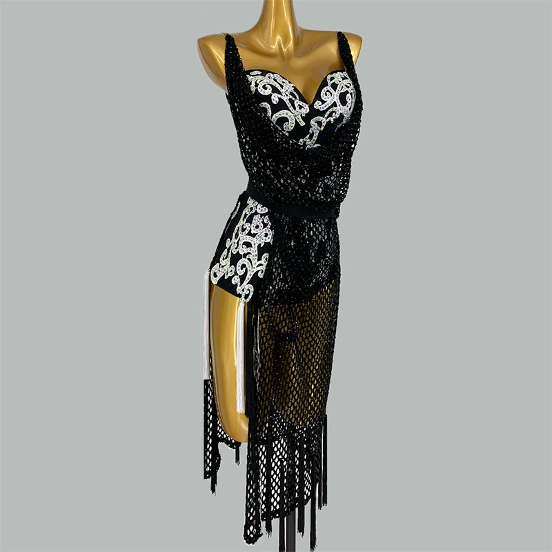 Sexy Latin Dance Performance Clothes Net Tassel Black Latin Dress Sexy Slit Skirt Salsa Rumba Latin Competition Dancewear BL6595