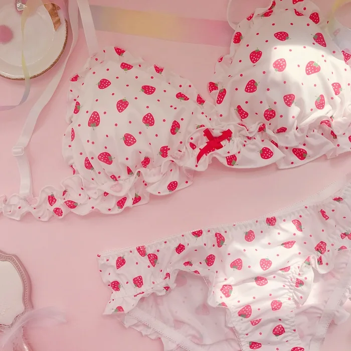 Strawberry / Print Japanese Milk Silk Bra & Panties Set Wirefree Soft Underwear Intimates Set Kawaii Lolita Bra and Panty Set