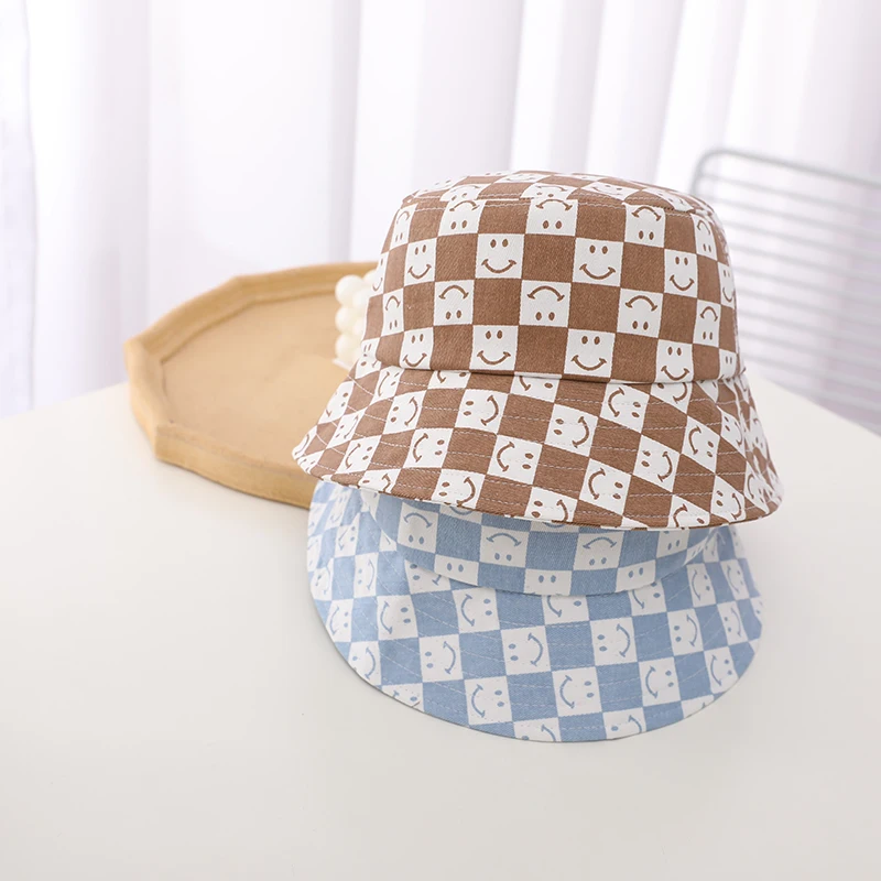 Doitbest Spring 2022 Autumn baby kids Bucket Hats Cotton Checkerboard smile Sun Cap Boy Girls Outdoor Beach Fisherman Hat