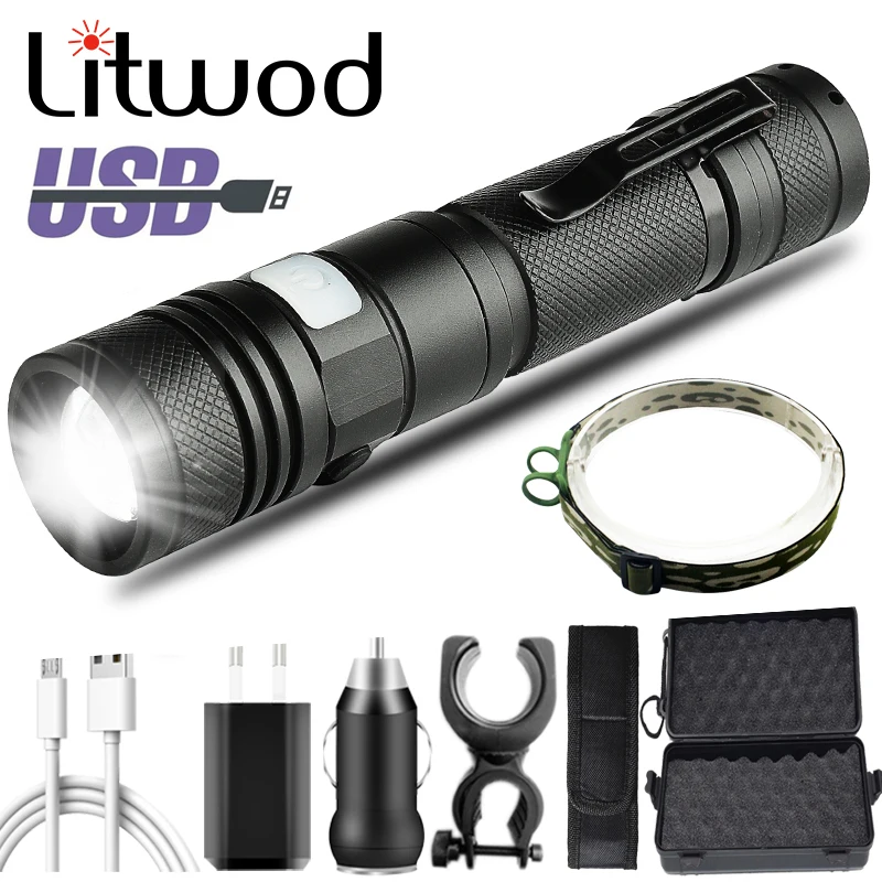 

Litwod XM-L2 U3 T6 LED Flashlight Usb Rechargeable Aluminum 3 Modes Waterproof Zoomable Torch Light for Camping Fishing Lantern