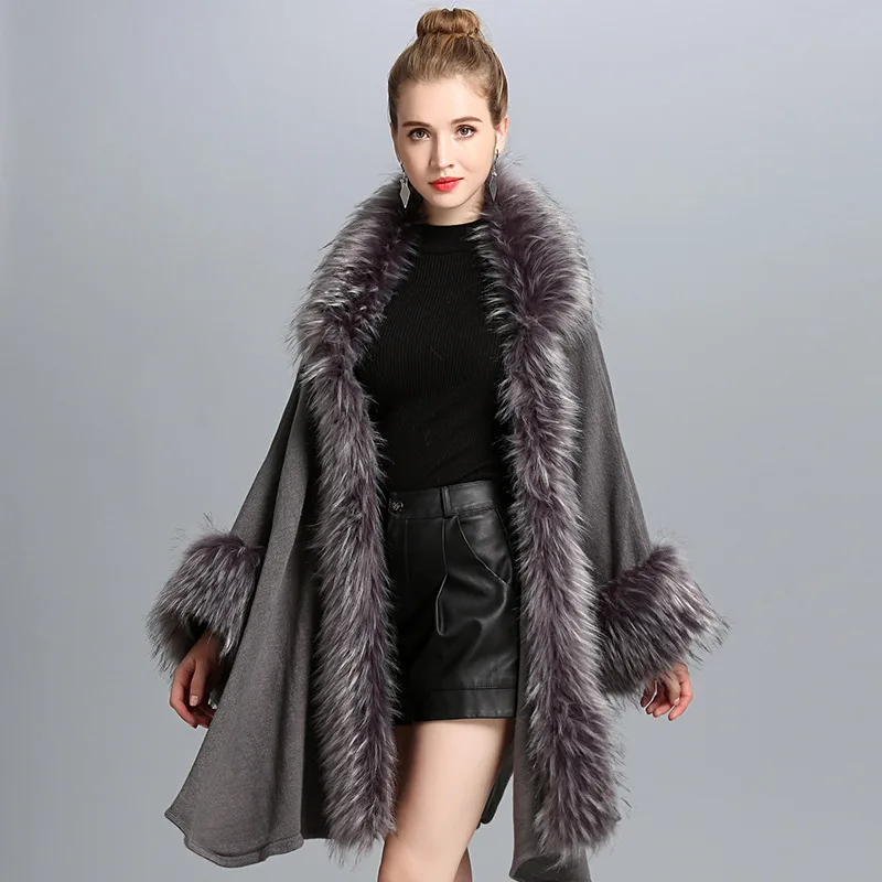 

New Winter New Occident Style Women Fashion Fur Coat Cloak Loose Luxury Cashmere Poncho Cape Shawl Fur Cardigan Sweater