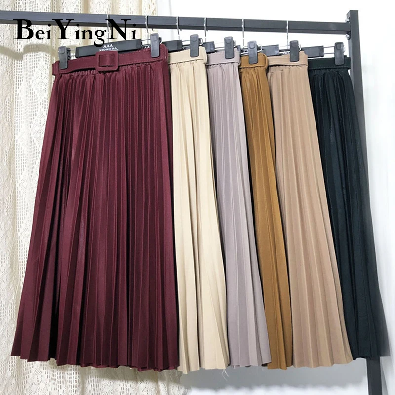 Beiyingni gonna donna a vita alta Casual Vintage Solid Belted gonne Midi pieghettate Lady 11 colori moda semplice Saia Mujer Faldas