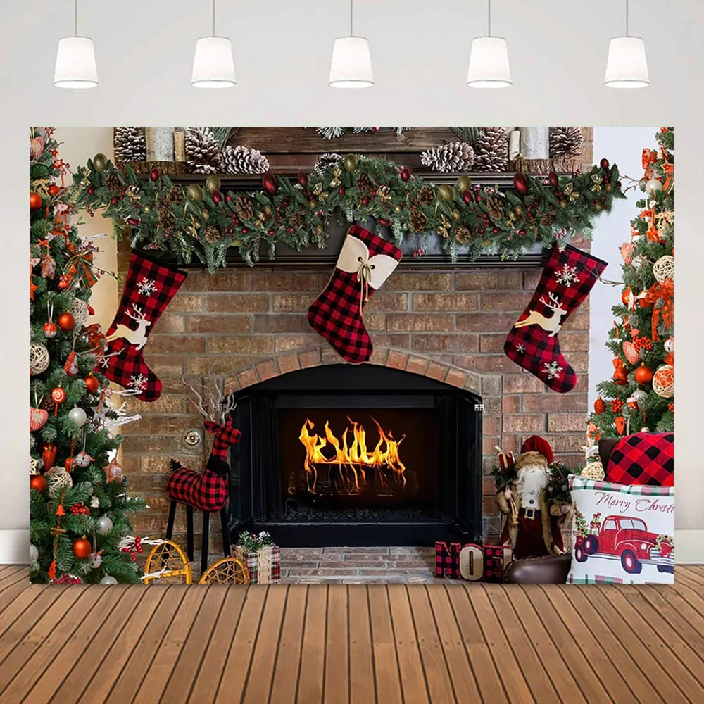 Fireplace Background for Photo Socks Merry Christmas Party Backdrop Decorations Winter Dessert Table Props Photography Props