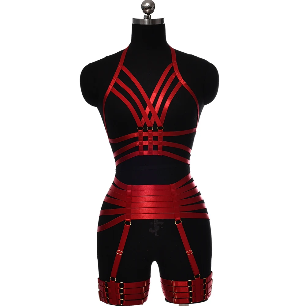 BONDAGE STRAPPY Women Sexy Lingerie Set Harness Bra Body Cage Bondage Stockings Garter Belt Pole Dance Elastic Adjust Suit