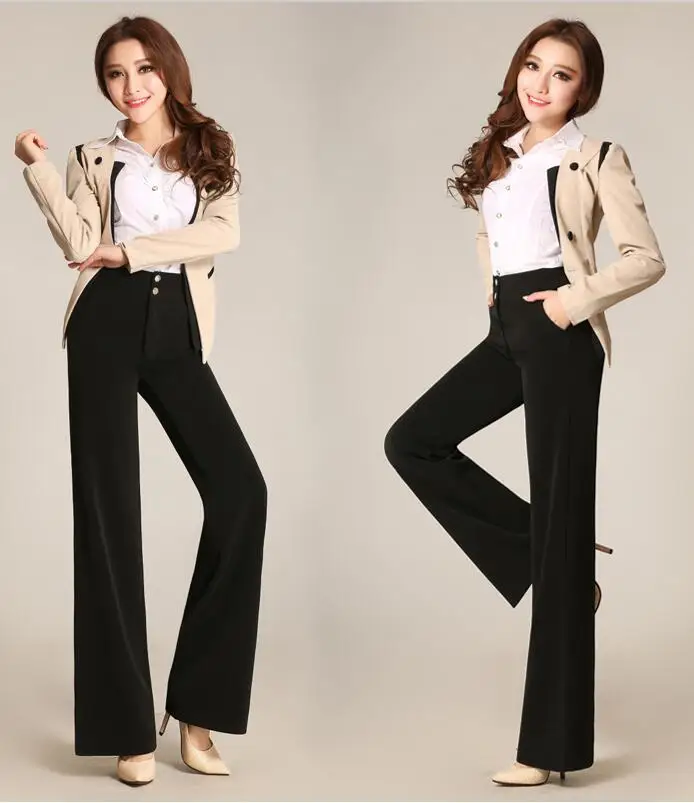 High waist women fashion office work pants plus size wide leg ladies formal trousers black red female wide leg pants