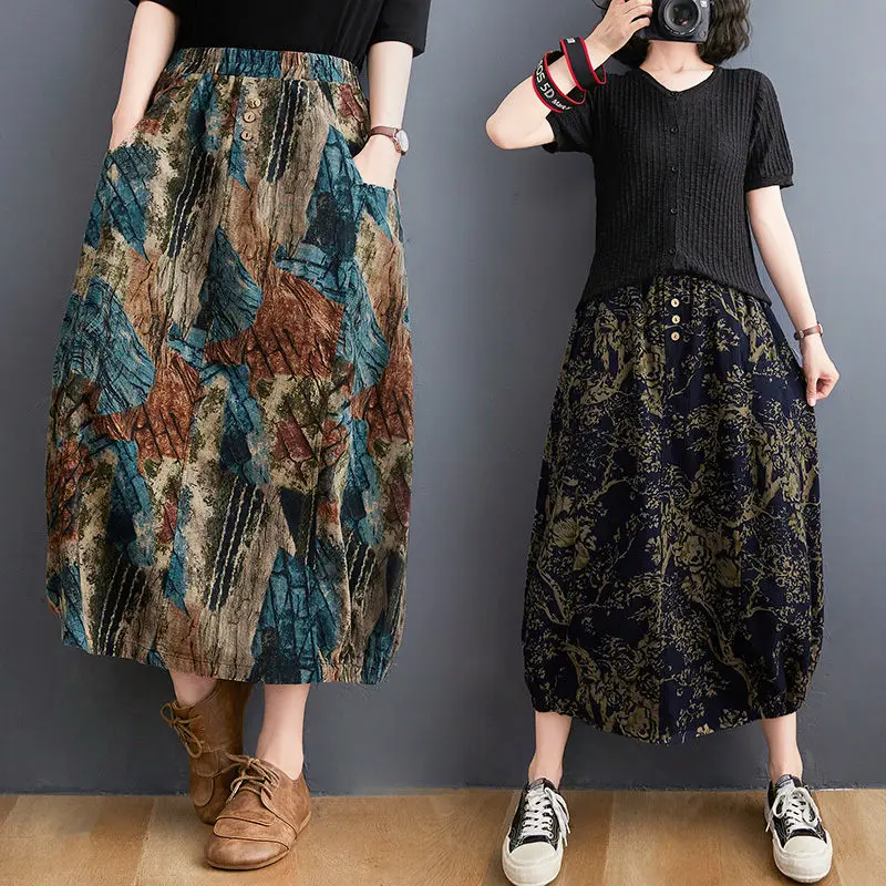 

Summer Women's Retro Cotton And Linen Print High Waisted A-Line Skirt Ethnic Style Ink Painting Midi Saia Mujer zh1001