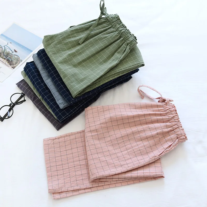 Pantalones de dormir de algodón lavados para mujer y hombre, ropa de dormir de primavera, holgada, delgada, a cuadros, con cintura elástica