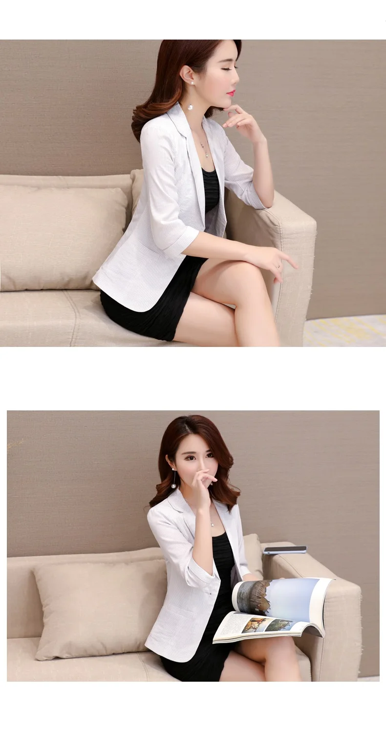 Elegant Women's Stripe 3/4 Sleeve Suit Jacket 2026 Spring Summer Thin Slim Outwear Single Button Female Office Blazer Coat Tops