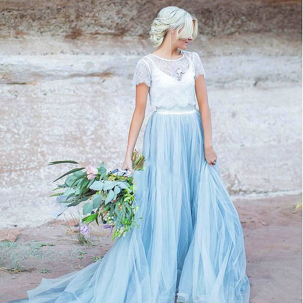 Céu azul renda vestido de noiva mangas curtas a linha vestido de casamento romântico vestidos de novia 2019 barato de alta qualidade vestido de casamento