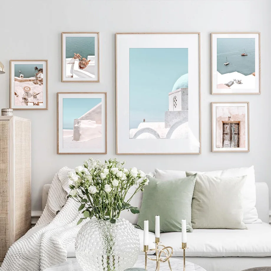 Nordic Style Santorini Architecture Posters And Prints Wall Art Canvas Painting of Aegean Sea Beach for Living Room Decor
