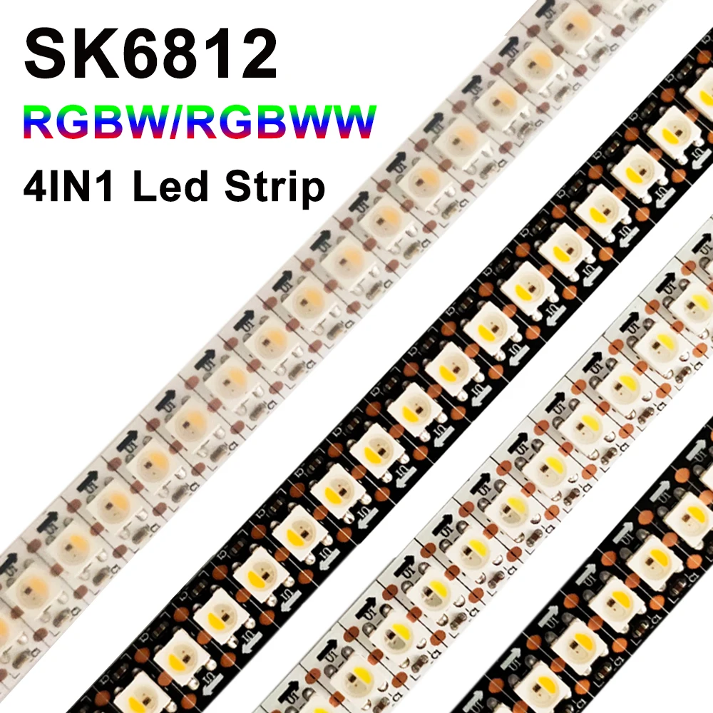 DC5V SK6812 RGBCW RGBWW 4 In 1 Individual Addressable 3Pin Smart Led Strip Light 30 60 144Pixel/M IP30 IP65 IP67 Black White PCB