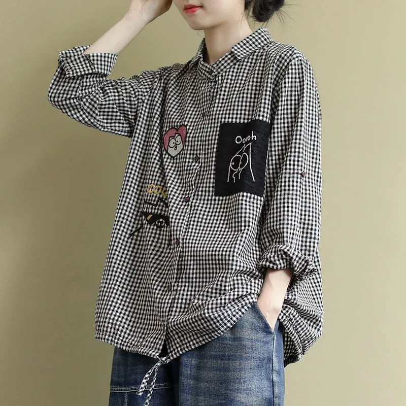 Women Casual Shirt New 2020 Korean Style Vintage Plaid Cartoon Embroidery Oversized Female Woman Blouses Shirts P1278