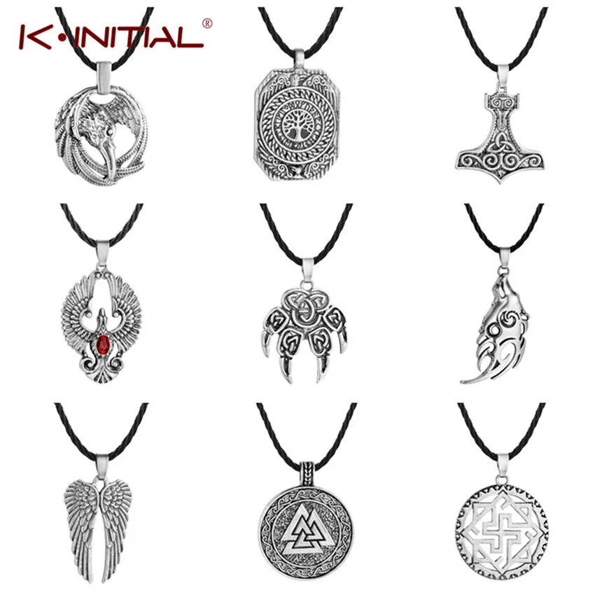 Kinitial Nordic Viking Men Necklaces Women Slavic Symbol Amulets Antique Raven Hammer Pendant Punk Male Necklace Jewelry