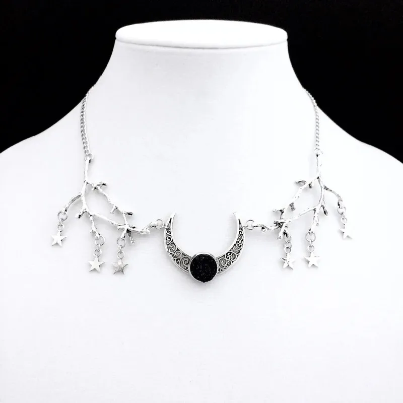 Gothic Black Moon Necklace Branch Moon Fashion Statement Mystical Women Gift Jewelry Witchy Crescent Pendant Black Druzy New