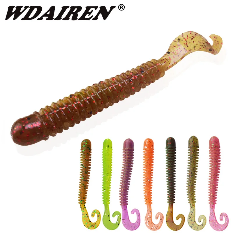 10Pcs 60mm 1.3g Worms Soft Bait Jig Wobbler Fishing Lures Shrimp flavor Artificial Silicone spiral Tail Swimbaits Lure Tackle